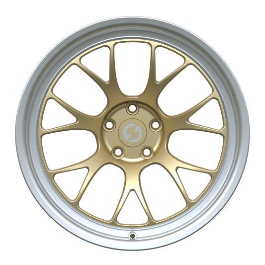 Front view of Strato Dynamics B7S forged wheel in Grand-Prix Champagne emphasizing sculpted split spokes and premium forged construction.