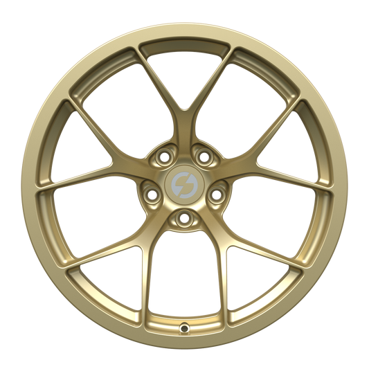 Strato Dynamics F5R forged monoblock wheel in Grand-Prix Champagne finish, front view