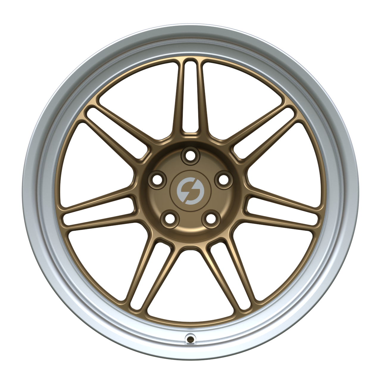Strato Dynamics B14S forged monoblock wheel in Battle Bronze with polished lip, front view
