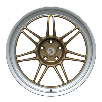 Strato Dynamics B14S forged monoblock wheel in Battle Bronze with polished lip, front view
