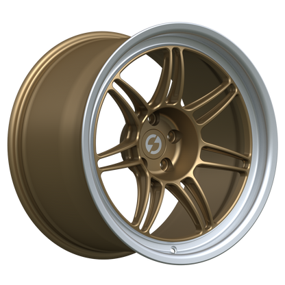 Strato Dynamics B14S forged monoblock wheel in Battle Bronze with polished lip, studio hero angle