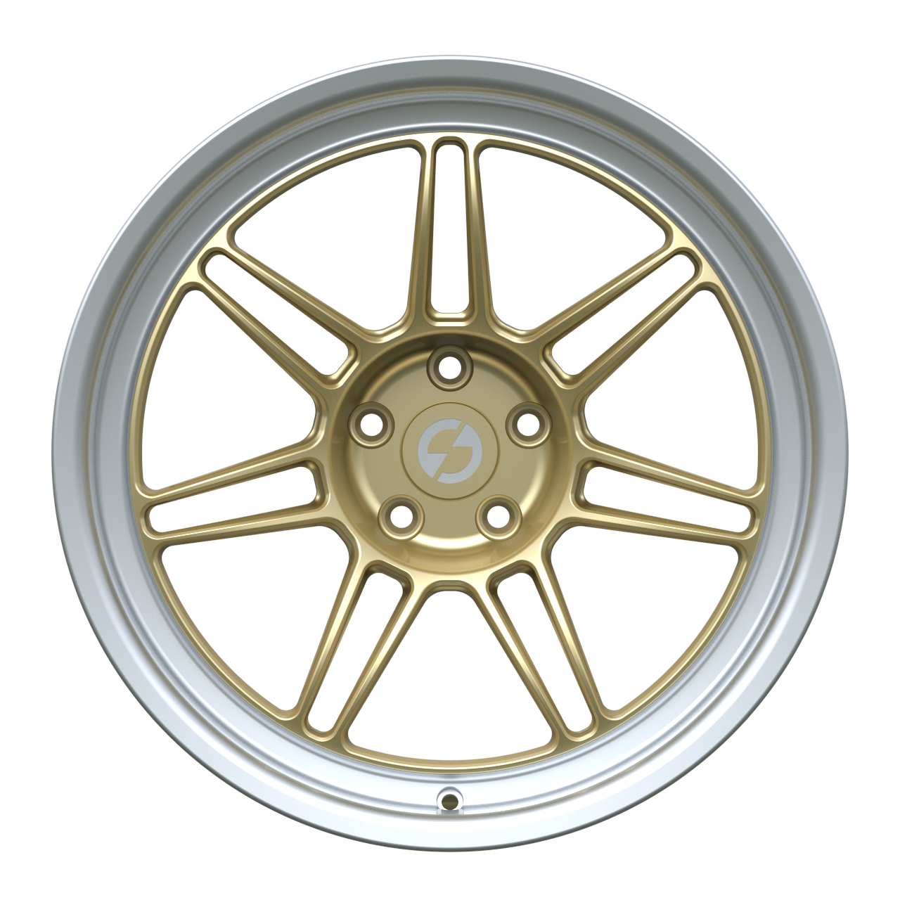 Strato Dynamics B14S forged monoblock wheel in Grand-Prix Champagne with polished lip, front view