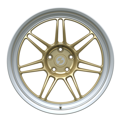 Strato Dynamics B14S forged monoblock wheel in Grand-Prix Champagne with polished lip, front view