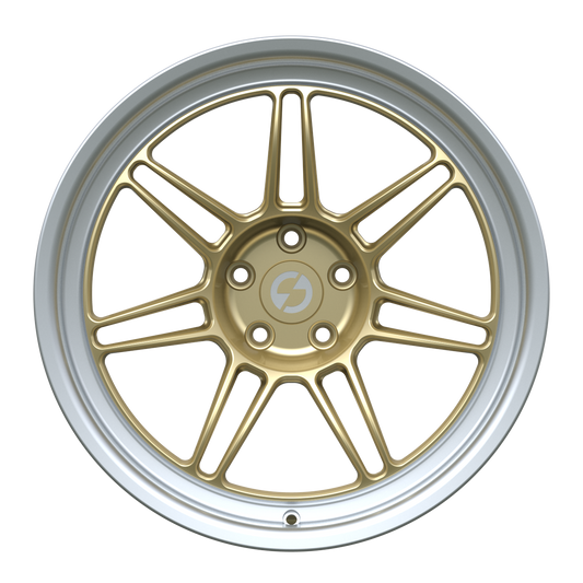 Strato Dynamics B14S forged monoblock wheel in Grand-Prix Champagne with polished lip, front view