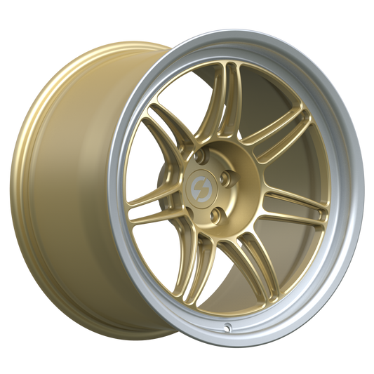 Strato Dynamics B14S forged monoblock wheel in Grand-Prix Champagne with polished lip, studio hero angle