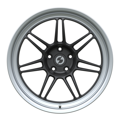 Strato Dynamics B14S forged monoblock wheel in Midnight Black with polished lip, front view