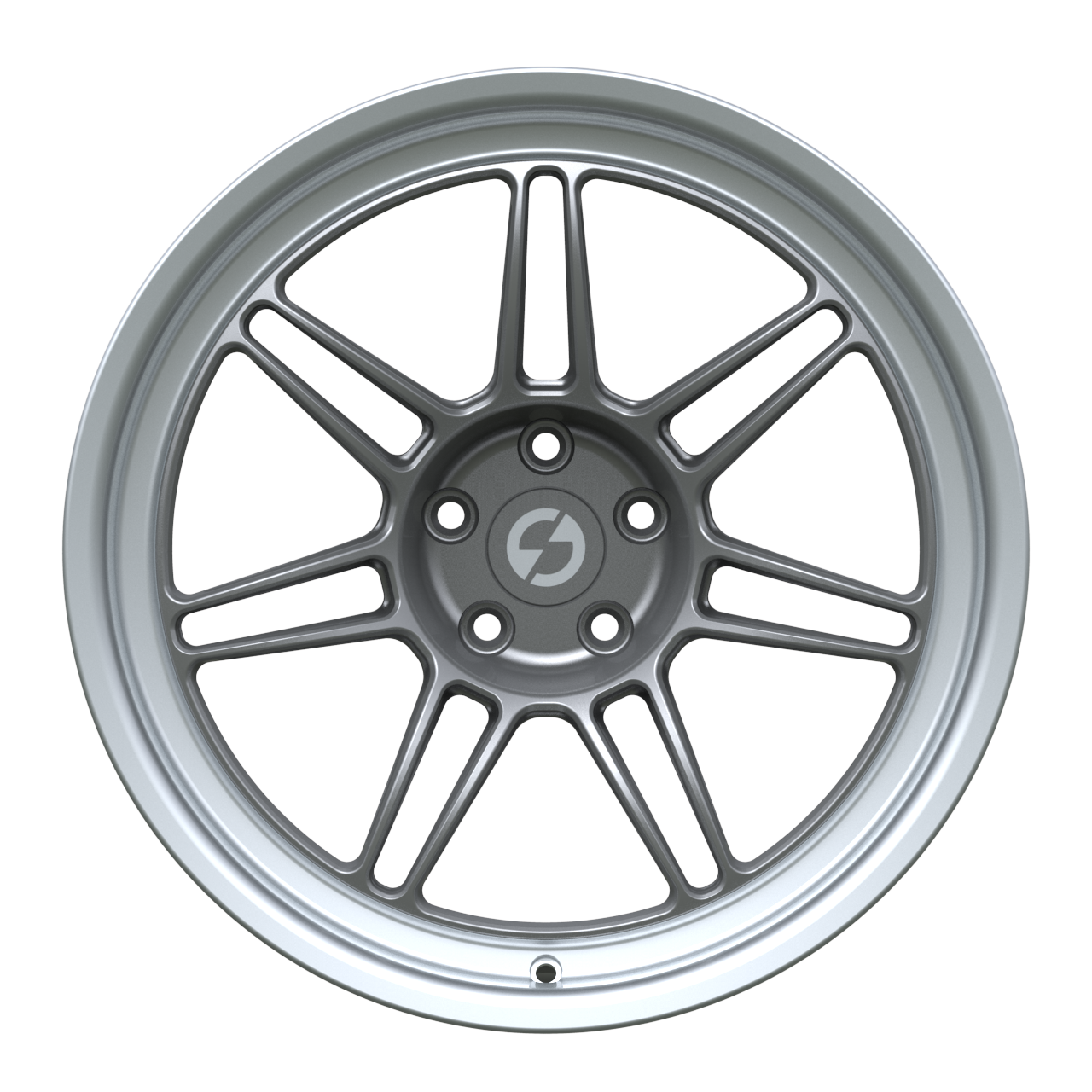 Strato Dynamics B14S forged monoblock wheel in Tactical Gray with polished lip, front view
