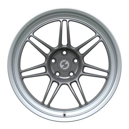 Strato Dynamics B14S forged monoblock wheel in Tactical Gray with polished lip, front view