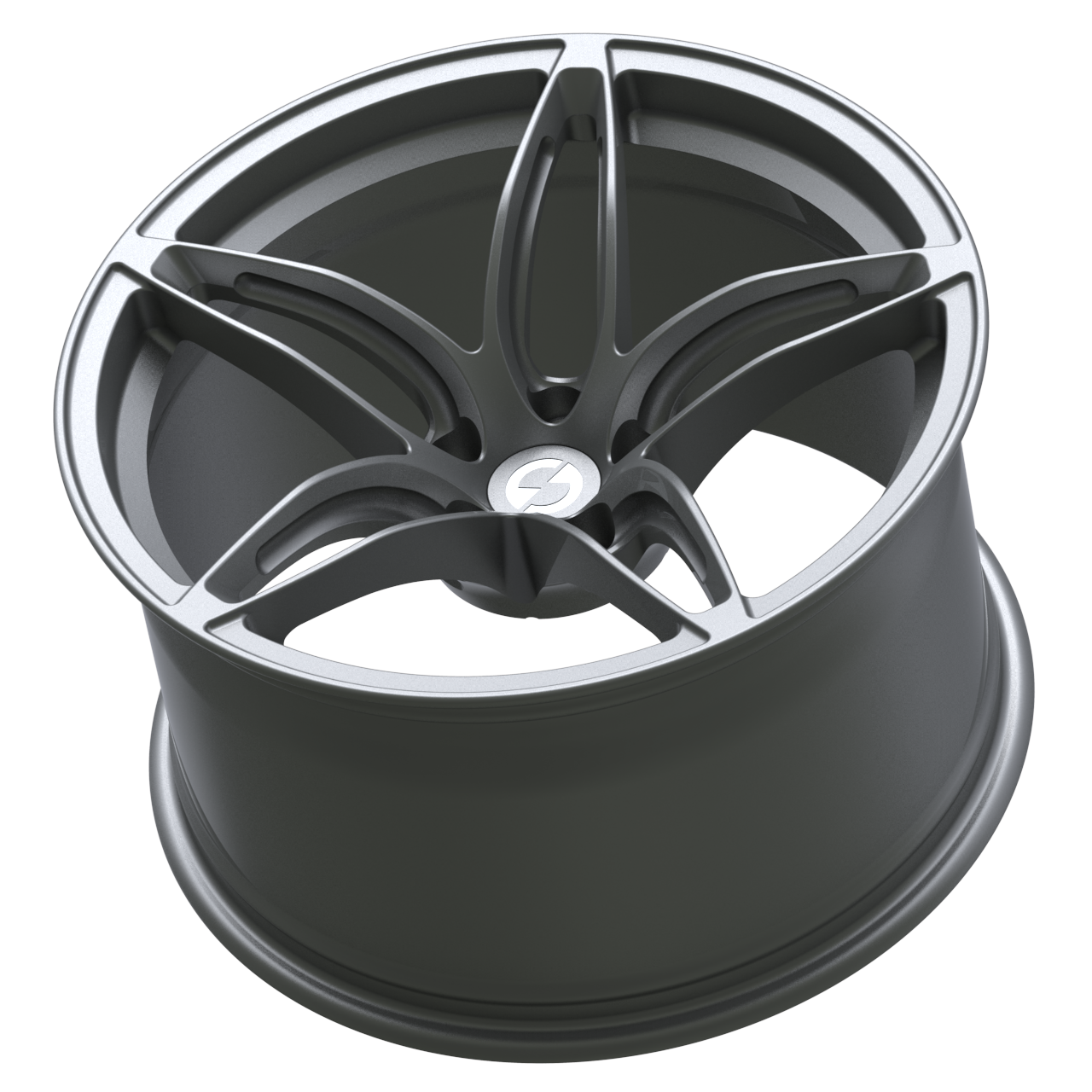 Rear angle of Strato Dynamics F5S forged wheel in Tactical Gray revealing deep barrel profile engineered for strength and reduced weight.