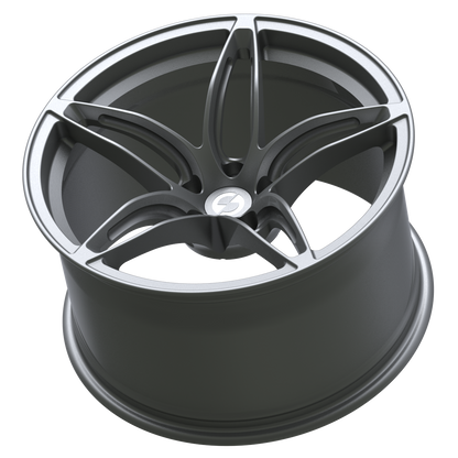 Rear angle of Strato Dynamics F5S forged wheel in Tactical Gray revealing deep barrel profile engineered for strength and reduced weight.