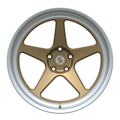 Strato Dynamics B5F forged monoblock wheel in Battle Bronze with polished lip, front view