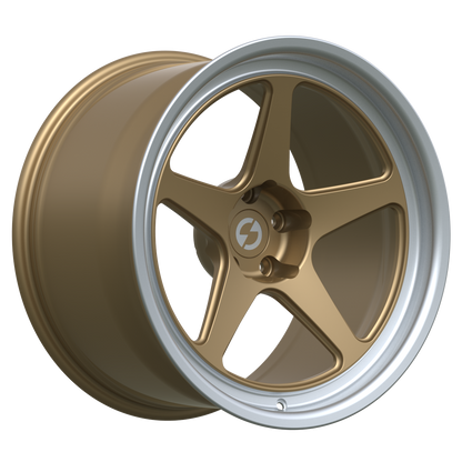 Strato Dynamics B5F forged monoblock wheel in Battle Bronze with polished lip, studio hero angle