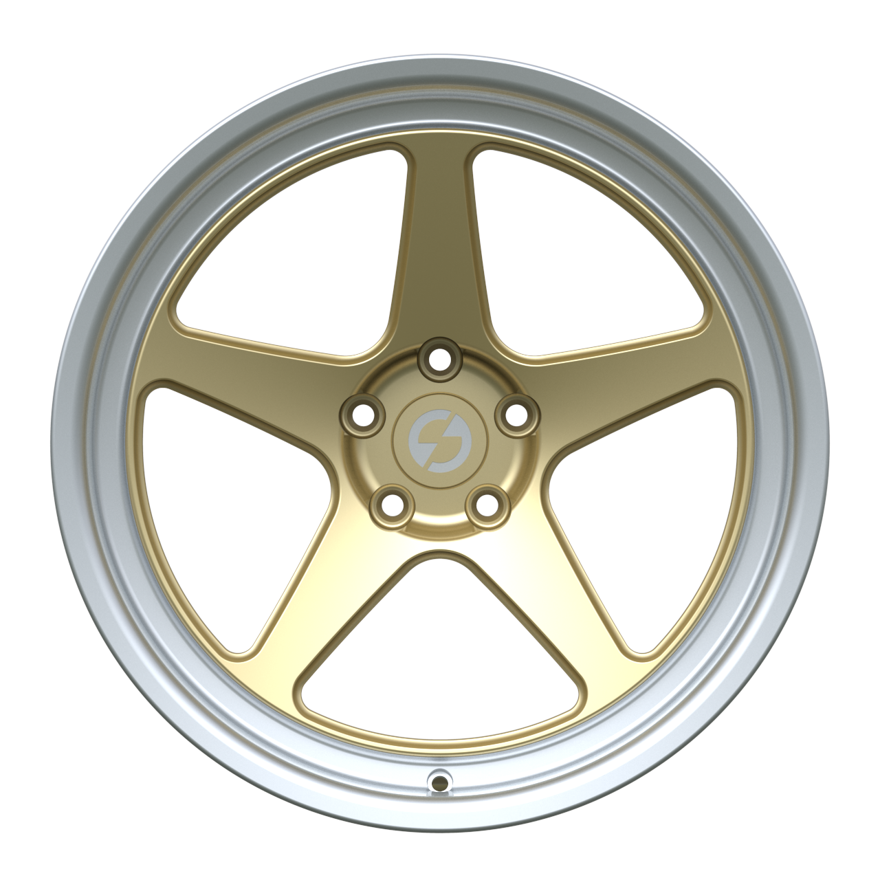 Strato Dynamics B5F forged monoblock wheel in Grand-Prix Champagne with polished lip, front view