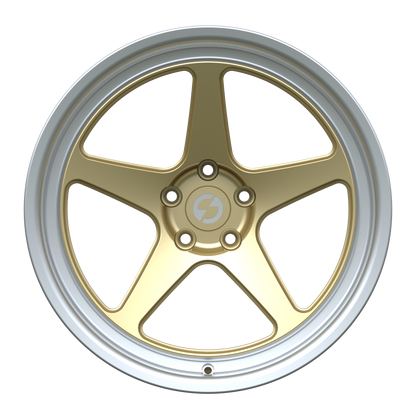 Strato Dynamics B5F forged monoblock wheel in Grand-Prix Champagne with polished lip, front view