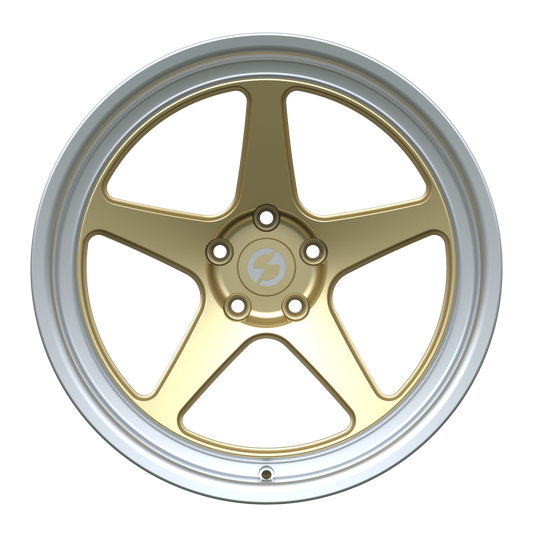 Strato Dynamics B5F forged monoblock wheel in Grand-Prix Champagne with polished lip, front view