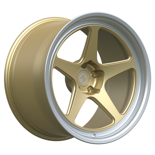 Strato Dynamics B5F forged monoblock wheel in Grand-Prix Champagne with polished lip, studio hero angle