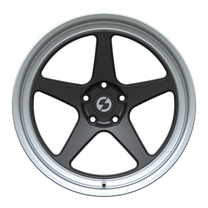 Strato Dynamics B5F forged monoblock wheel in Midnight Black with polished lip, front view