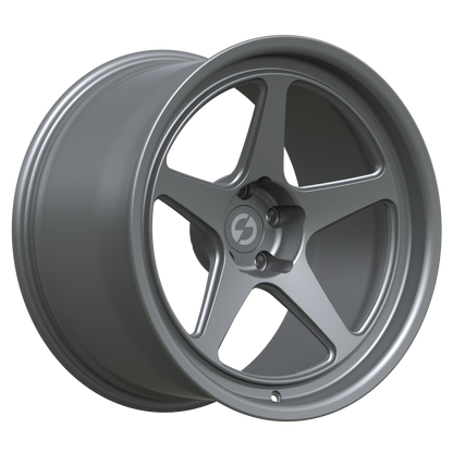 Strato Dynamics B5F forged monoblock wheel in Tactical Gray, studio hero angle