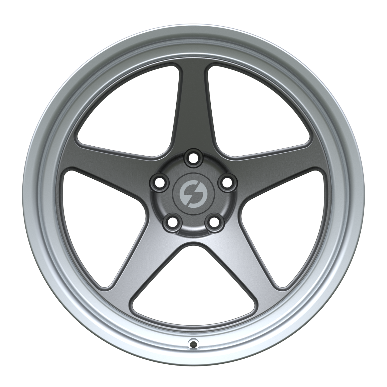 Strato Dynamics B5F forged monoblock wheel in Tactical Gray with polished lip, front view