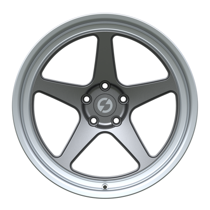 Strato Dynamics B5F forged monoblock wheel in Tactical Gray with polished lip, front view