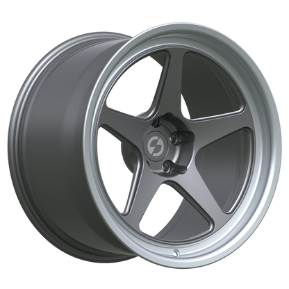 Strato Dynamics B5F forged monoblock wheel in Tactical Gray with polished lip, studio hero angle