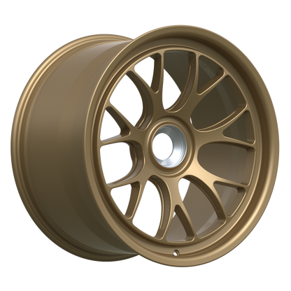 Strato Dynamics B7S forged monoblock centerlock wheel in Battle Bronze with polished lip, studio hero angle