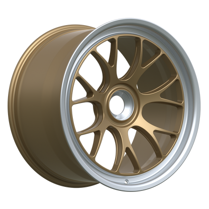 Strato Dynamics B7S forged monoblock centerlock wheel in Battle Bronze with polished lip, studio hero angle