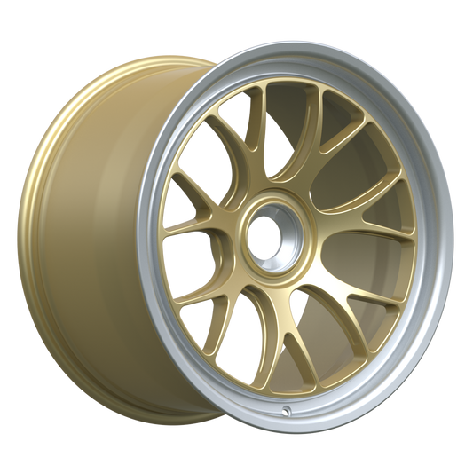 Strato Dynamics B7S forged monoblock centerlock wheel in Grand-Prix Champagne with polished lip, studio hero angle