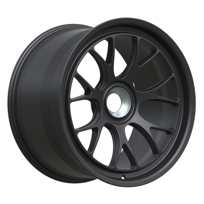 Strato Dynamics B7S forged monoblock centerlock wheel in Midnight Black, studio hero angle