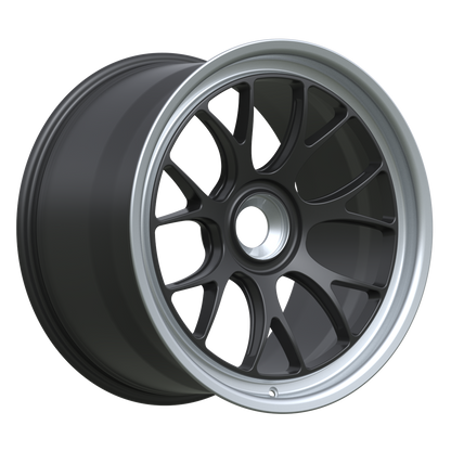 Strato Dynamics B7S forged monoblock centerlock wheel in Midnight Black with polished lip, studio hero angle