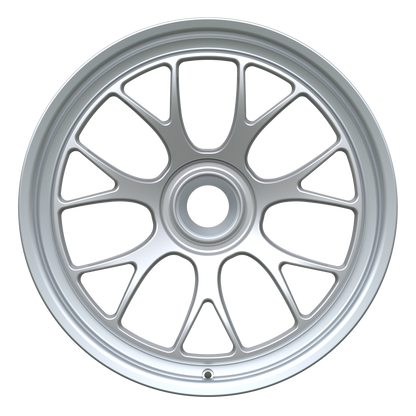 Strato Dynamics B7S forged monoblock centerlock wheel in Quick Silver finish, front view