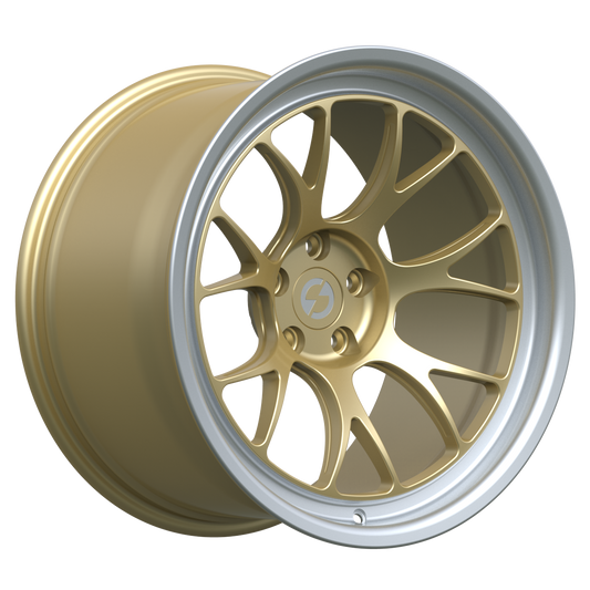 Strato Dynamics B7S forged monoblock wheel in Grand-Prix Champagne shown in 3/4 view highlighting elegant metallic tone and concave motorsport design.