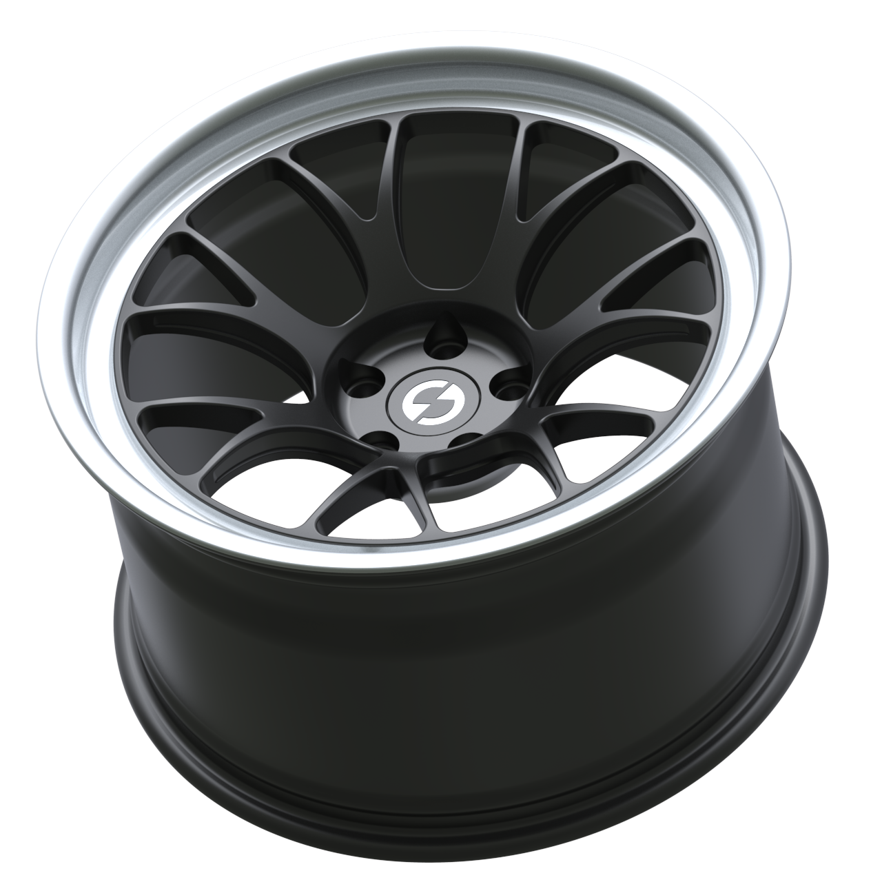 Rear angle of Strato Dynamics B7S forged wheel in Midnight Black with polished lip displaying deep barrel construction engineered for performance.