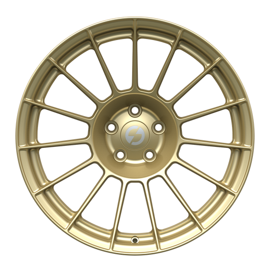Strato Dynamics F15T forged monoblock wheel in Grand-Prix Champagne finish, front view