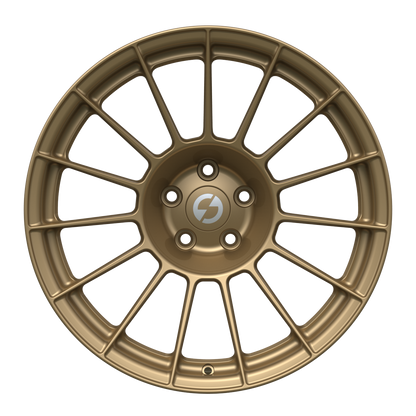 Strato Dynamics F15T forged monoblock wheel in Battle Bronze with polished lip, front view