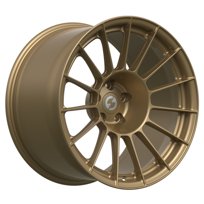 Strato Dynamics F15T forged monoblock wheel in Battle Bronze with polished lip, studio hero angle