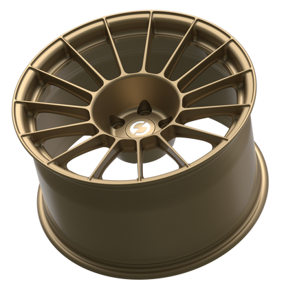 Strato Dynamics F15T forged monoblock wheel in Battle Bronze with polished lip, side profile
