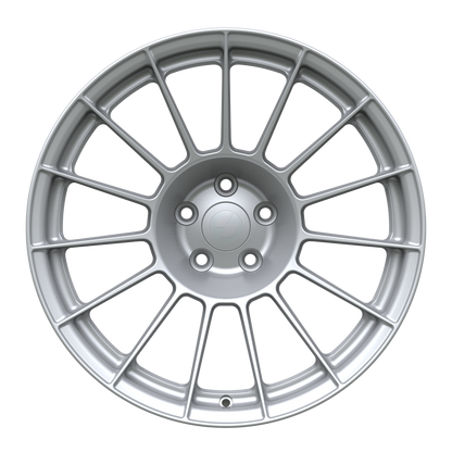 Strato Dynamics F15T forged monoblock wheel in Quick Silver finish, front view