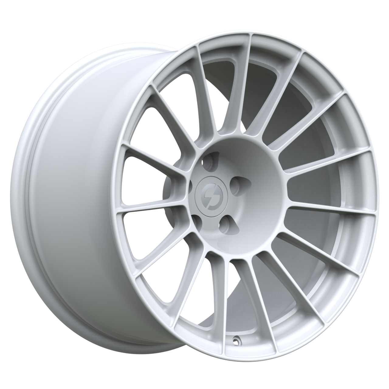 Strato Dynamics F15T forged monoblock wheel in Alpine White, studio hero angle