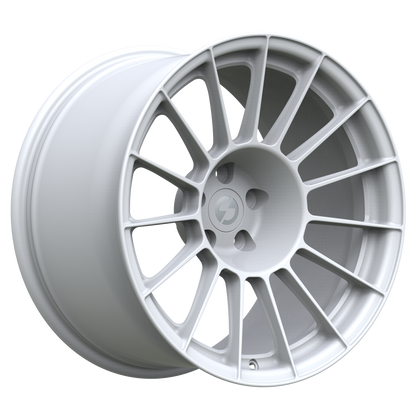 Strato Dynamics F15T forged monoblock wheel in Alpine White, studio hero angle