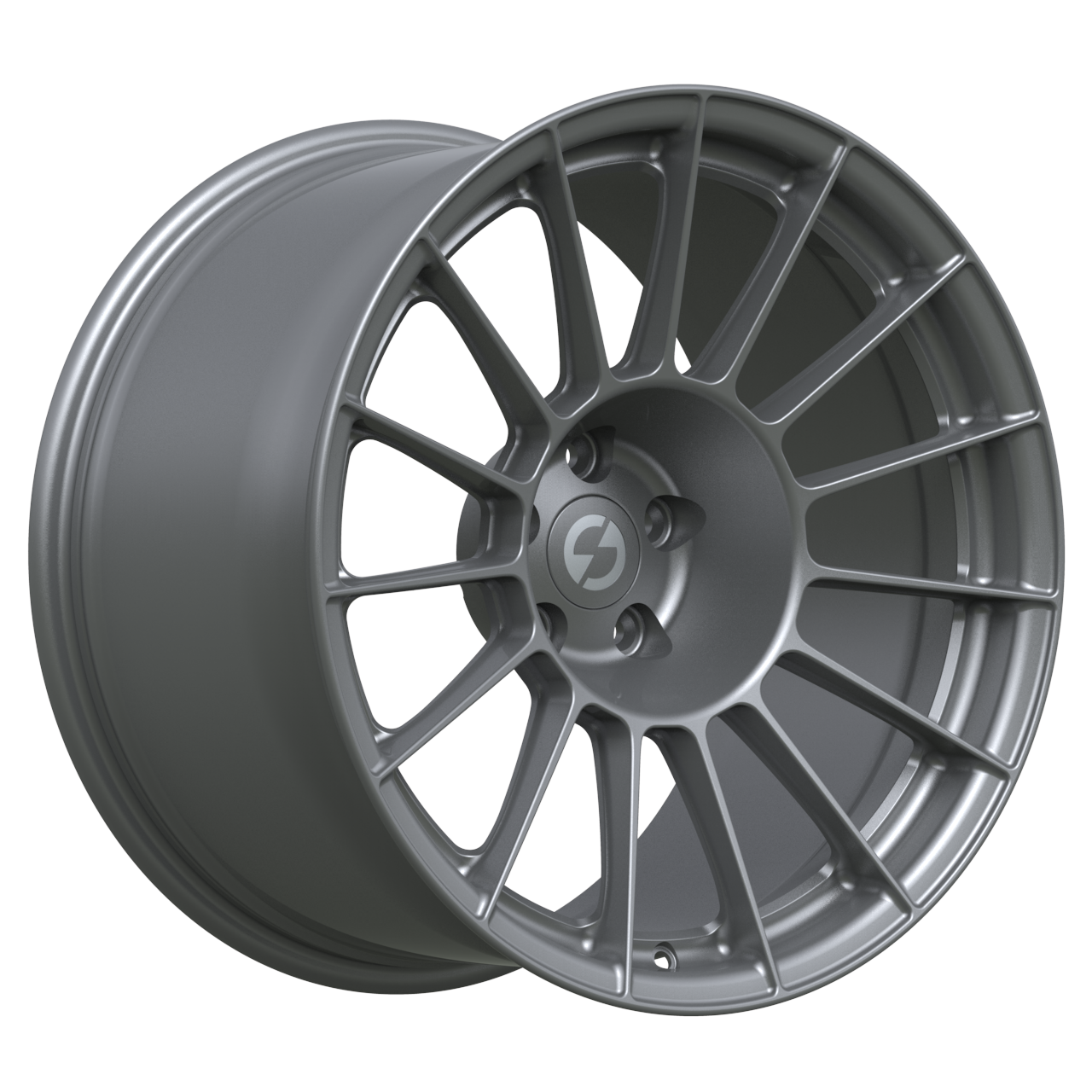 Strato Dynamics F15T forged monoblock wheel in Tactical Gray, studio hero angle