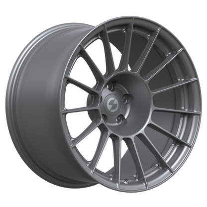 Strato Dynamics F15T forged monoblock wheel in Tactical Gray, studio hero angle