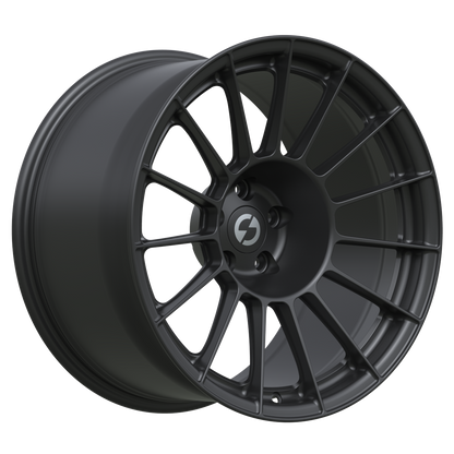 Strato Dynamics F15T forged monoblock wheel in Midnight Black, studio hero angle