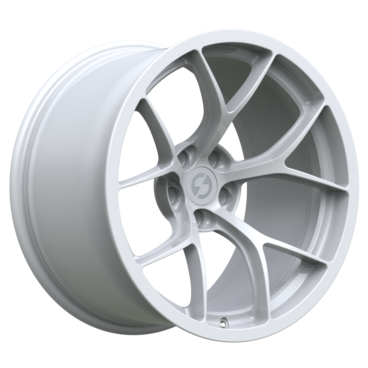 Strato Dynamics F5R forged monoblock wheel in Alpine White, studio hero angle