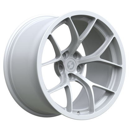 Strato Dynamics F5R forged monoblock wheel in Alpine White, studio hero angle