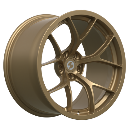 Strato Dynamics F5R forged monoblock wheel in Battle Bronze, studio hero angle