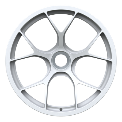Strato Dynamics F5R forged monoblock centerlock wheel in Alpine White finish, front view