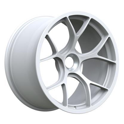 Strato Dynamics F5R forged monoblock centerlock wheel in Alpine White, angled hero view