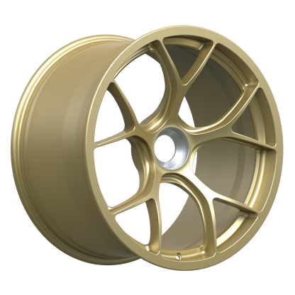Strato Dynamics F5R forged monoblock centerlock wheel in Grand-Prix Champagne, angled hero view