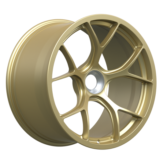 Strato Dynamics F5R forged monoblock centerlock wheel in Grand-Prix Champagne, angled hero view